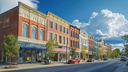 Vibrant Downtown Cityscape with Colorful Buildings and Cloudy Sky