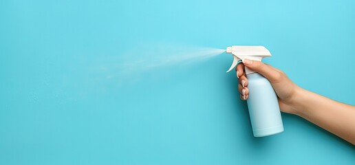 A hand holds a blue spray bottle and sprays a mist against a blue background. The spray bottle is a common household item used for cleaning or air freshening.
