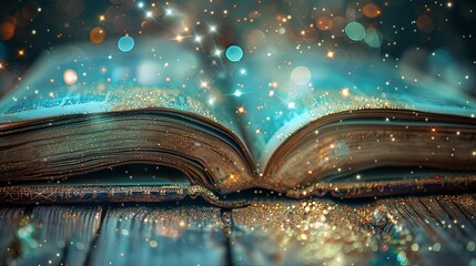 Open Book with Glowing Lights and Glitter