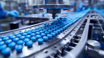 Obraz premium Pharmaceutical Production Line with Blue Pills on Conveyor Belt