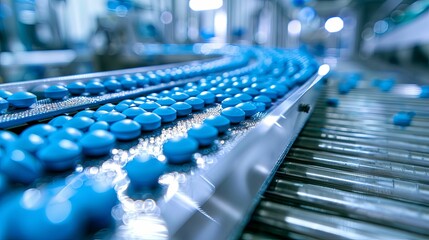 Obraz premium Blue Pills Moving Along a Conveyor Belt in a Pharmaceutical Factory