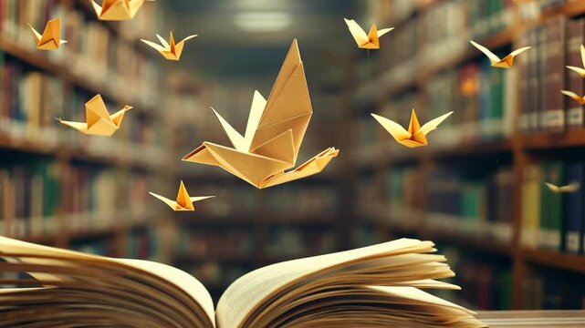 A magical library moment with origami cranes flying above an open book in a cozy reading nook