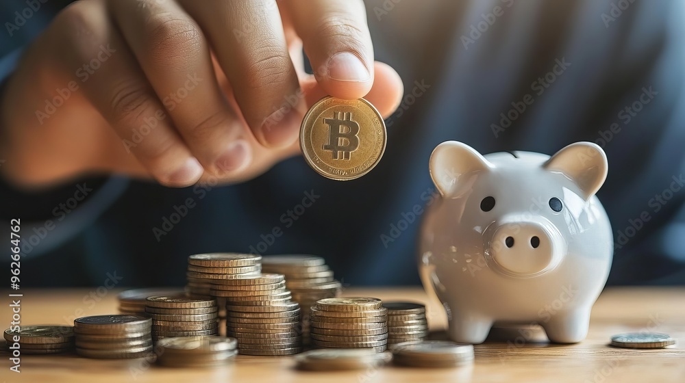 Poster Closeup of a mans hand putting a coin into a piggy bank symbolizing the concept of saving and depositing money