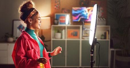 Happy woman, influencer and video recording with ring light for vlog, online tutorial or...