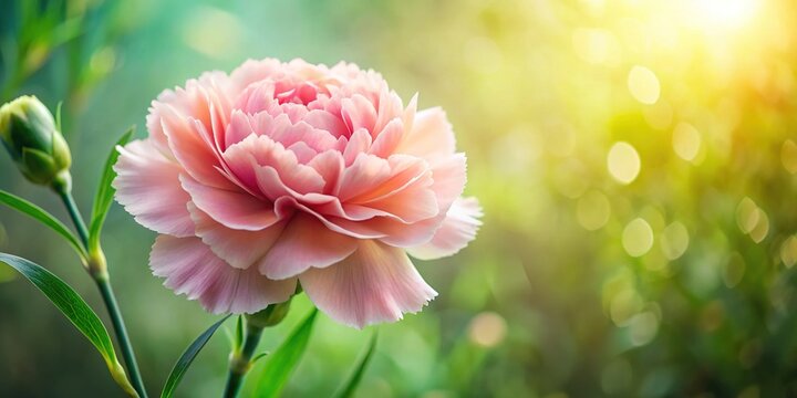 Softly glowing carnation pink petals unfurl from a delicate flower center, surrounded by lush greenery, exuding warmth and serenity against a gentle, creamy background.