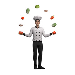 Professional Male Chef in 3D Animation. A male chef stands showing his juggling skills with various vegetables such as bell peppers, tomatoes, lettuce, and mushrooms in the air. Culinary