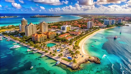 Aerial View Of Aruba'S Palm Beach Area With A Detailed Map Of The Hotels, Resorts, And Other Landmarks.