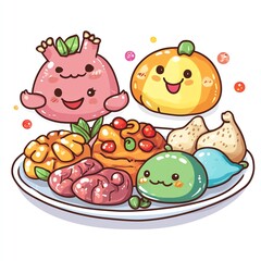 A kawaii Thanksgiving dinner plate clipart, cute food characters, pastel colors, digital painting, isolated on white background