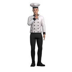 Chef in 3D. A male chef stands pointing confidently, indicating a direction or something important around him. Male Professional