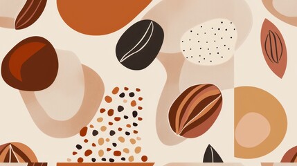 Abstract seamless pattern with coffee beans and organic shapes in warm tones on a beige background. Ideal for modern, artistic designs.