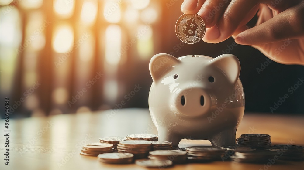 Poster concept of a hand putting a coin into a piggy bank representing saving money for future plans and re