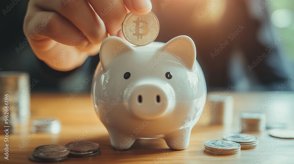 Poster Concept of a hand putting a coin into a piggy bank representing saving money for future plans and retirement funds in a retro vintage color tone