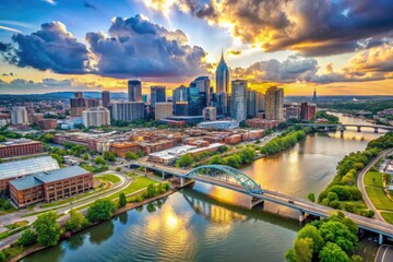 Aerial View Of The Cumberland River Meandering Through The Bustling Cityscape Of Nashville, Adorned By Bridges And Skyscrapers.