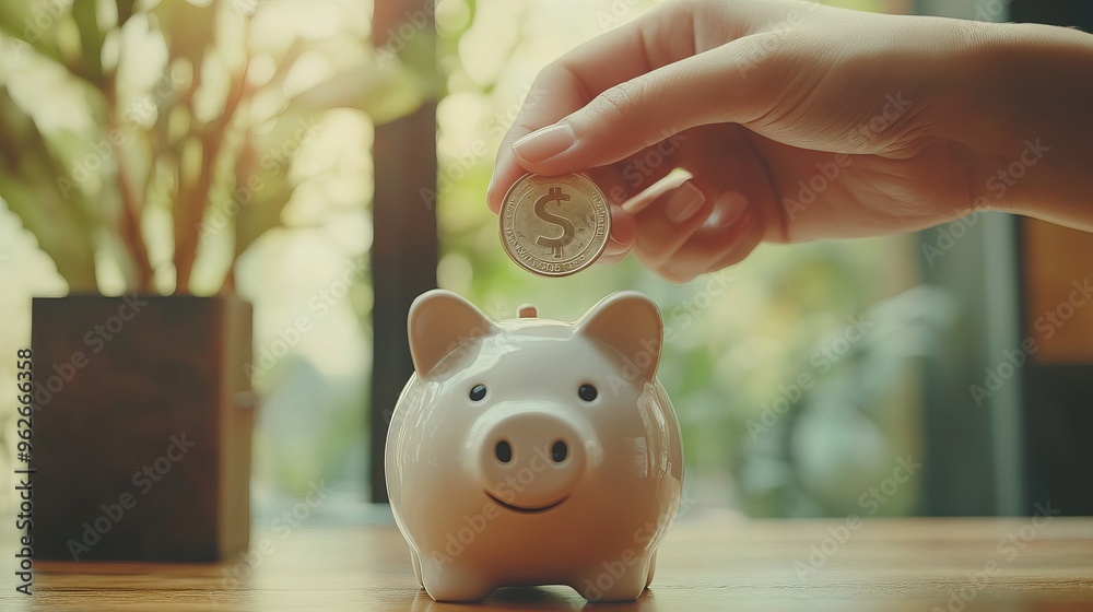 Poster concept of a hand putting a coin into a piggy bank representing saving money for future plans and re