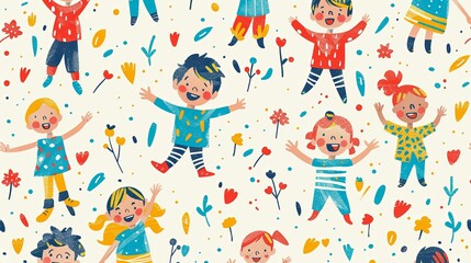 Happy Children Dancing in a Colorful Floral Pattern