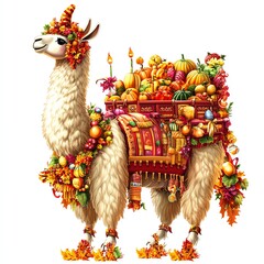 A Thanksgiving parade with a giant llama float clipart, festive and fun, rich fall colors, digital illustration, isolated on white background