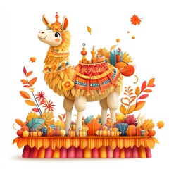 Obraz premium A Thanksgiving parade with a giant llama float clipart, festive and fun, rich fall colors, digital illustration, isolated on white background