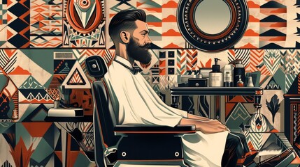 A barber is seen working in a uniquely patterned barbershop. The intricate wall designs and classic barber chair add a retro vibe to the scene, creating a stylish and artistic atmosphere ideal for