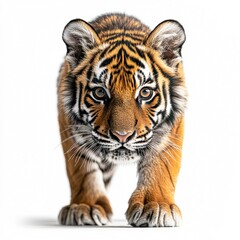 Fototapeta premium A close-up of a tiger cub walking forward against a white background, showcasing its powerful gaze and beautiful fur patterns, Use for wildlife conservation, educational material