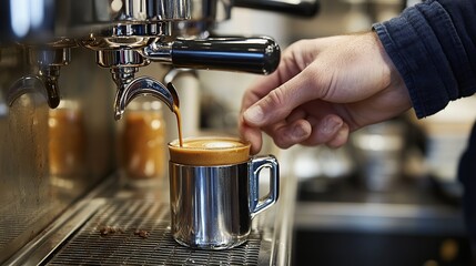 A barista pulling a perfect espresso shot, with rich crema forming on top, using a gleaming espresso machine.