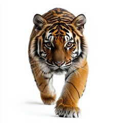 Fototapeta premium A powerful tiger walking directly toward the camera with intense focus, Ideal for wildlife conservation campaigns, nature documentaries, or inspiring strength and courage-themed content,