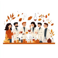 A group of scientists celebrating Thanksgiving in a lab clipart, cozy and intellectual, rich fall colors, digital illustration, isolated on white background