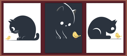 Minimalist vector illustration featuring a playful interaction between a black cat and a small yellow bird across three panels. Clean lines and soft colors make this design ideal for posters