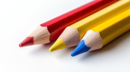 Obraz premium Group of three crayon pencils in red yellow and blue isolated on a white background