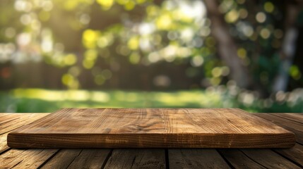 Empty wooden board on a table with blurred background for product display mockup.