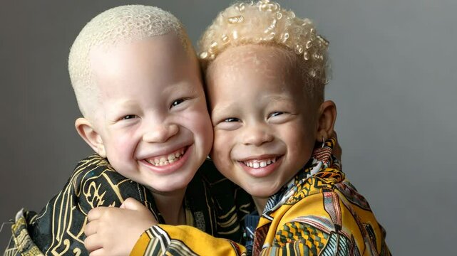 Joyful moments of two children sharing a warm embrace in colorful outfits at a studio