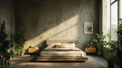 concrete wall backdrop in loft bedroom interior design mockup, featuring rustic raw material finishing, showcasing beautiful and modern home decor ideas and interior design concepts