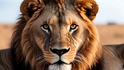 Immerse yourself in the untamed beauty of the savannah with this stunning close-up portrait of a lion, captured in its most intense and natural form.