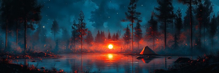Naklejka premium A serene campsite by a forest lake under starlit skies is illuminated by a vibrant sunset ideal for promoting outdoor adventures, travel brochures, relaxation themes, and nature retreats,