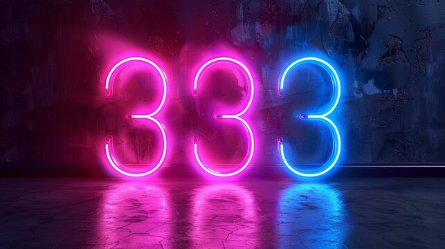 Neon Pink and Blue Number 333 on a Dark Wall