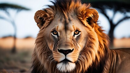 Fototapeta premium Immerse yourself in the untamed beauty of the savannah with this stunning close-up portrait of a lion, captured in its most intense and natural form.