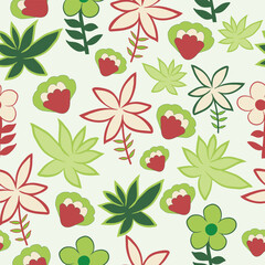 flowers with leaves seamless pattern. Colorful green and red flowers floral seamless pattern. Hand drawn seamless surface pattern.