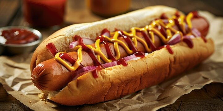 Close-up of a flavorful footlong hot dog topped with mustard, ketchup, and onions.