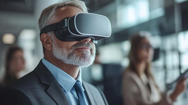 mature businessman in office testing vr glasses and virtual reality devices with a develop team exploring futuristic business technology and immersive collaboration in a high-tech environment