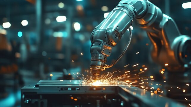 robotic arms tested by mechatronics engineers for welding metal pieces in an intelligent factory, focusing on automation control, precision manufacturing, and industrial robotic system technology