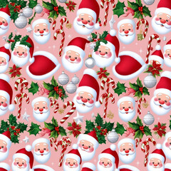 A vibrant and cheerful seamless Christmas pattern featuring festive elements like ornaments, snowflakes, gifts, and holly leaves in bright, bold colors, 