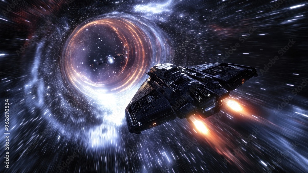 Wall mural a spaceship traveling through a colorful wormhole in a cosmic setting.
