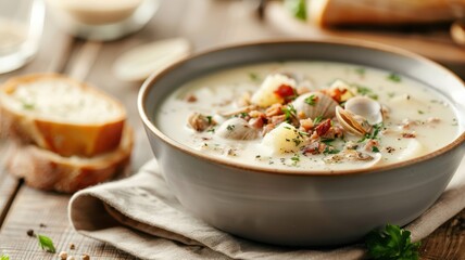 A steaming bowl of creamy clam chowder with tender clams, potatoes, and bacon.