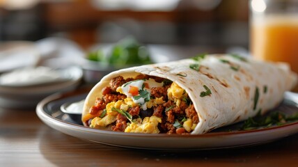 A colorful breakfast burrito filled with scrambled eggs, chorizo, beans, and cheese.