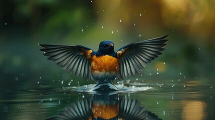 Obraz premium A Blue-and-Orange Bird Splashing in Water with Wings Spread