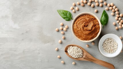 Fototapeta premium Recipe card for homemade soybean paste (doenjang) with ingredients and preparation steps around a bowl of paste.