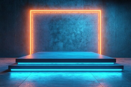 Empty Podium Display Stage Thunder Flash Sale Entertainment Advertise Neon Laser Fluorescent Sci Fi Light Glowing On Concrete Room Abstract with generative ai