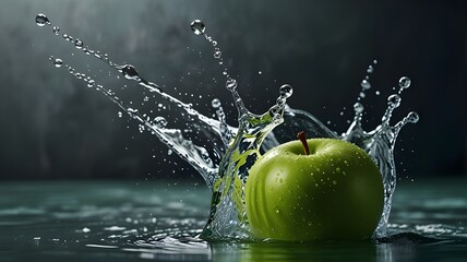 A high-definition image of a fresh green apple being splashed into clear water, with the splash captured in mid-air. The background should be a simple, elegant wallpaper texture