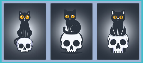 Stylized vector illustration of a black cat sitting on a skull, featuring bold yellow eyes and dark tones. Perfect for Halloween, gothic decor, or themed design projects with a spooky twist