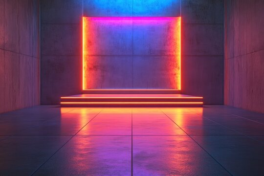 Empty Podium Display Stage Thunder Flash Sale Entertainment Advertise Neon Laser Fluorescent Sci Fi Light Glowing On Concrete Room Abstract with generative ai