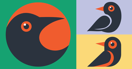 Abstract geometric bird illustrations in flat design style. Vibrant colors including orange, black, green, and pastel backgrounds. Ideal for logos, posters, branding, and minimalistic art